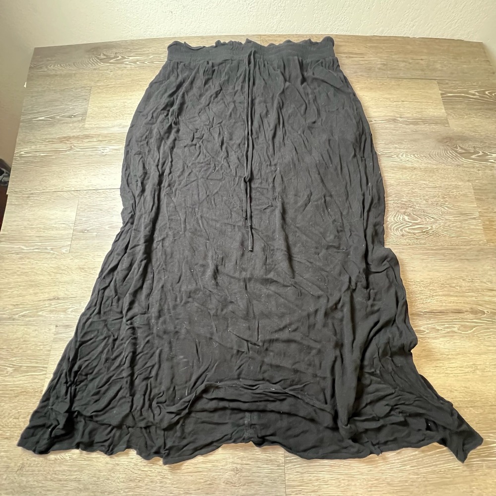 Emery Rose Maxi Skirt Womens L Black‎ Crinkle Paperbag Waist Boho Flowy AK68